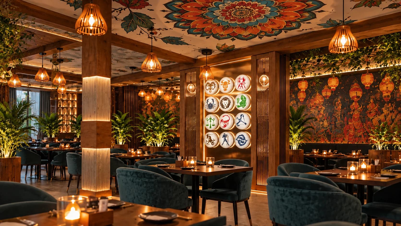 Dashami dining room with a painted floral ceiling, a wall of zodiac medallions and candlelit tables